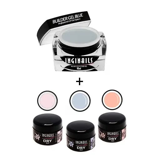 KOMPLET Inginails Professional Soft Cotton - Builder Gel Blue 10ml + 3 suhi barvni geli